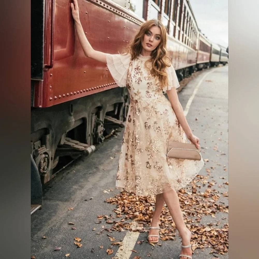 Jessakae Dress Womens L Champagne Moonlight Sequin Floral Tulle Flutter Sleeve